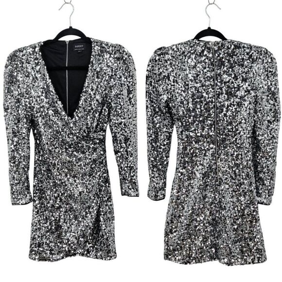 Bardot Womens Sequin Sparkle Dress Sz S Wrap Bodycon Mini Silver Sexy Cocktail - Picture 1 of 12